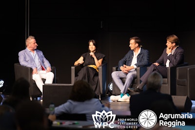 ASP president James Krivda (L) moderating 'The Perfumer's Take on Artificial Intelligence' panel featuring Givaudan senior perfumer Linda Song, Symrise senior perfumer Pierre Gueros and FoodPairing AI project manager Simon Van Cauwenberge.