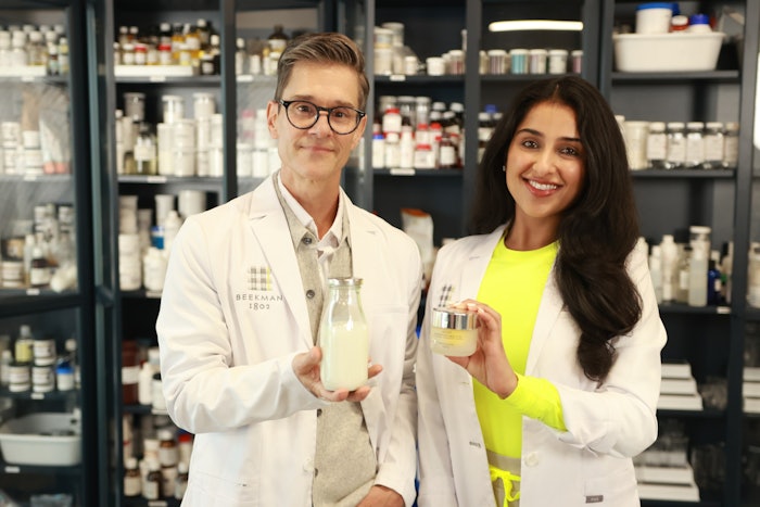 Brent Ridge, co-founder of Beekman 1802, and Trisha Khanna, MD, FAAD, a board-certified dermatologist, show off the brand's new exosome-powered Milk RX.