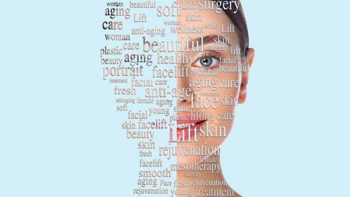 Beauty woman face with word on face showing cosmetology and aesthetic medicine concept. Advertising lifting face skin, on blue background