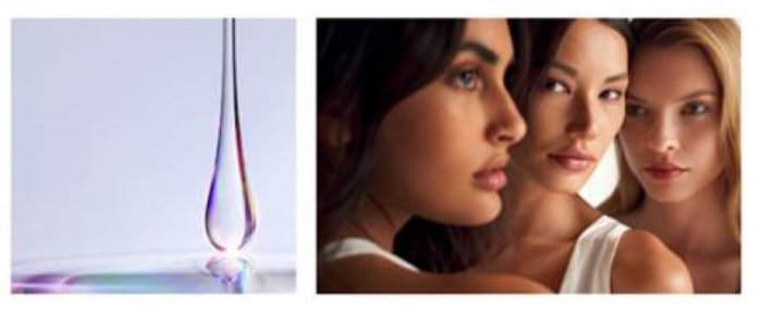 image of hyaluronic acid serum droplet against a purple background set next to a photo of three young women's faces of various ethnicities