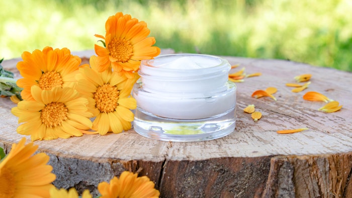 Calendula skin care outside flowers and cream in jar on stump