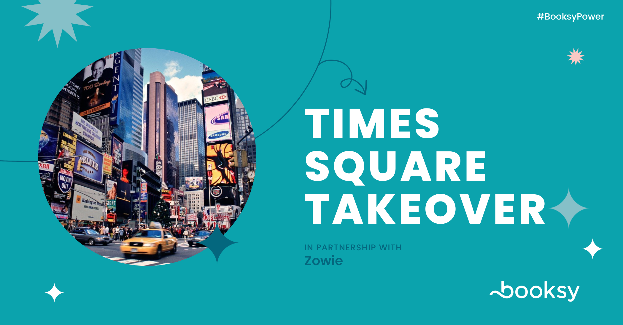 Booksy Times Square Takeover Promotional Image that features a teal background and stock picture of Times Square.