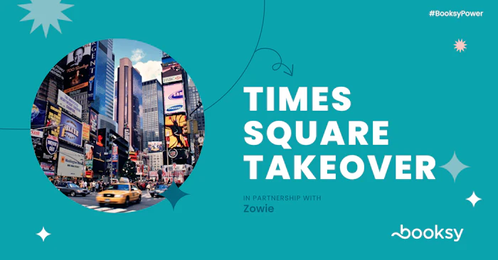 Booksy Times Square Takeover Promotional Image that features a teal background and stock picture of Times Square.