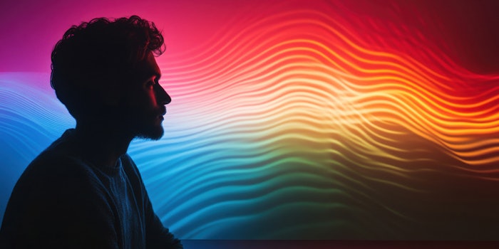 Licensed different frequencies of brain waves meditating emotional states in a rainbow background