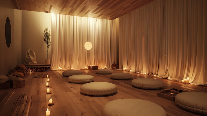 Licensed A peaceful and serene meditation room with a wooden floor and soft lighting.