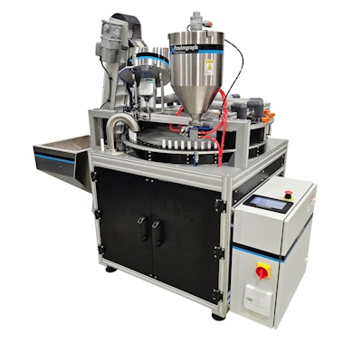 The LB30 Lip Balm Filler, a semi-automatic system tailored for hot melt filling, cooling, and capping lip balm sticks and can fill up to 30 units per minute.