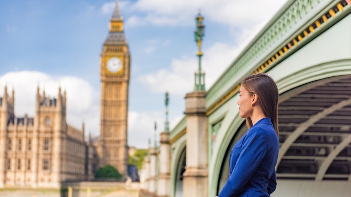 Woman In Blue Coat Viewing Big Ben And Parliament Across The Thames Adobe Stock 286242254