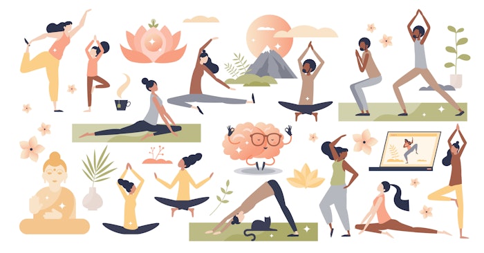 Yoga, meditation and stretching exercise for wellness set tiny person concept