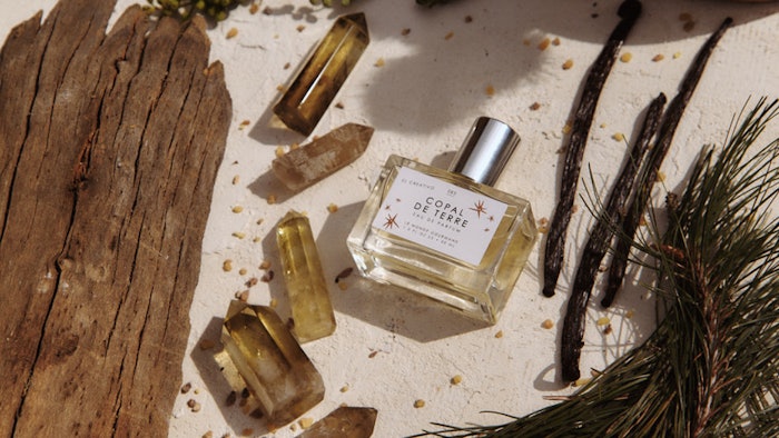 Copal de Terre eau de parfum includes fragrance notes of amber, frankincense and vanilla bean.