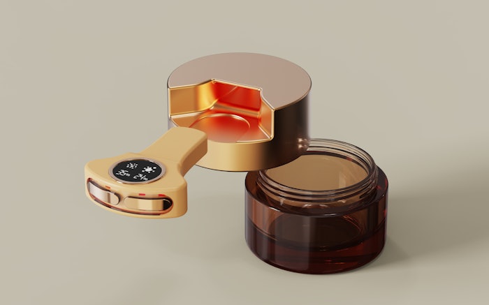 Nuon's RenewGlow Applicator uses smart skin analysis and 630nm red light and NFC technology, designed to measure oils and moisture levels for personalized care.