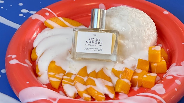 Riz de Mangue eau de parfum includes fragrance notes of mango, peach skin, Basmati rice and sandalwood.