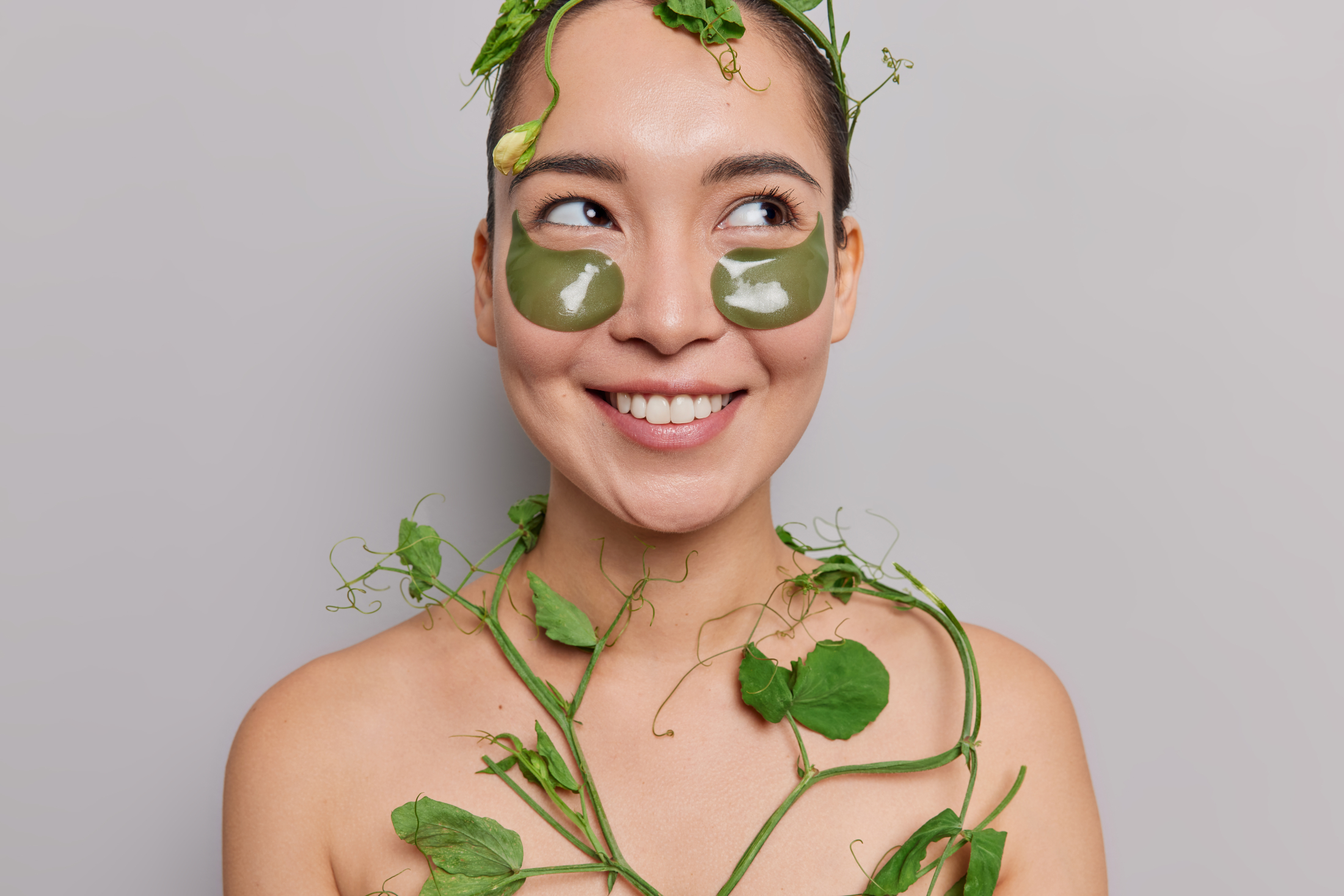Woman Wearing Green Under Eye Patches Plants And Leaves Adobe Stock 448334173