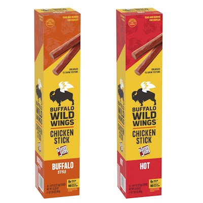 Slim Jim x Buffalo Wild Wings Chicken Sticks are available in Buffalo Style and Hot varieties.