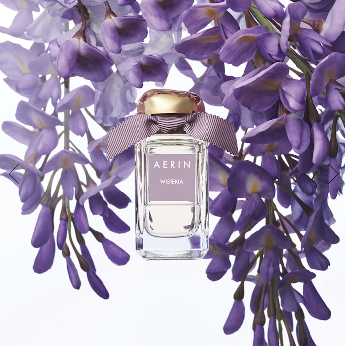 Wisteria eau de parfum includes fragrance notes of wisteria and honeysuckle.