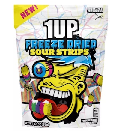 1UP Candy Freeze-Dried Sour Strips come in four flavors: Blue Raspberry, Green Apple, Rainbow and Strawberry.