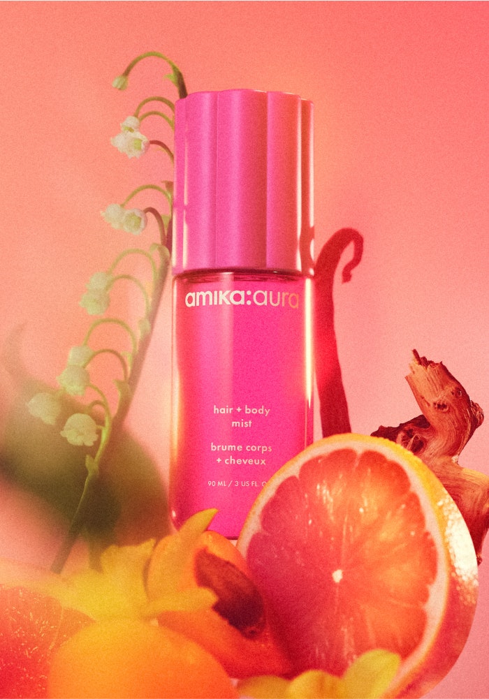 amika:aura hair + body mist includes fragrance notes of pink grapefruit, apricot, lily of the valley and vanilla.