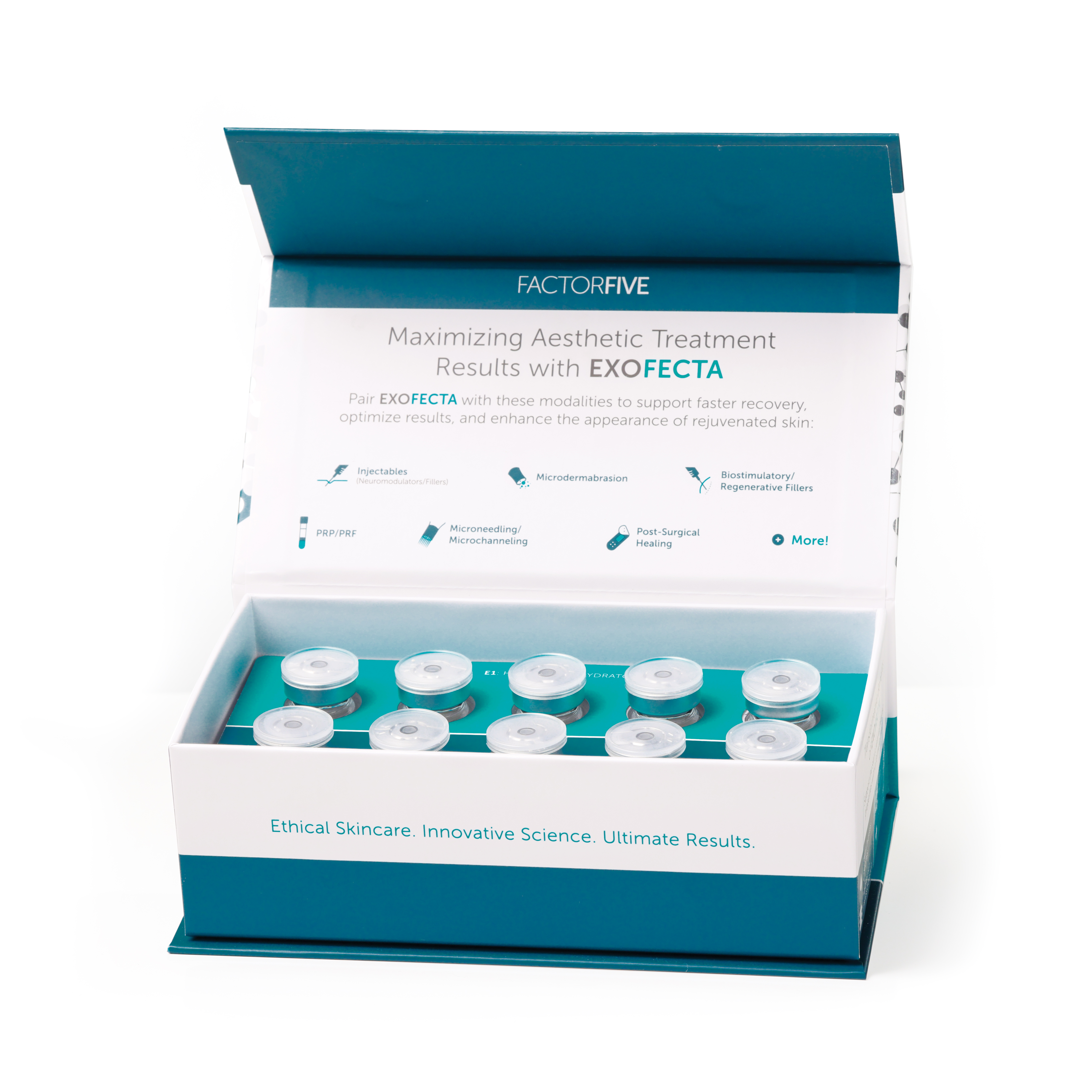 Exofecta combines exosomes, human stem cell growth factors, and copper peptides in a hyaluronic acid base to enhance skin recovery after procedures.