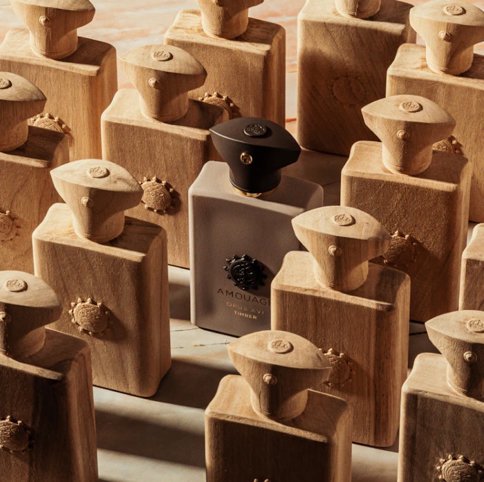 Amouage's Opus XVI Timber includes fragrance notes of cypress, cardamom, lavandin, sandalwood and patchouli.
