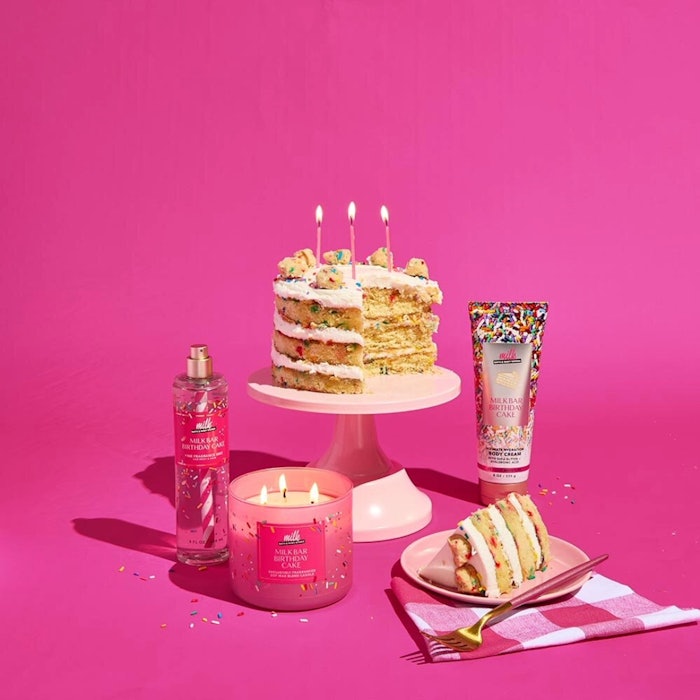 The Birthday Cake fragrance includes notes of layered vanilla cake, creamy frosting and rainbow sprinkles.