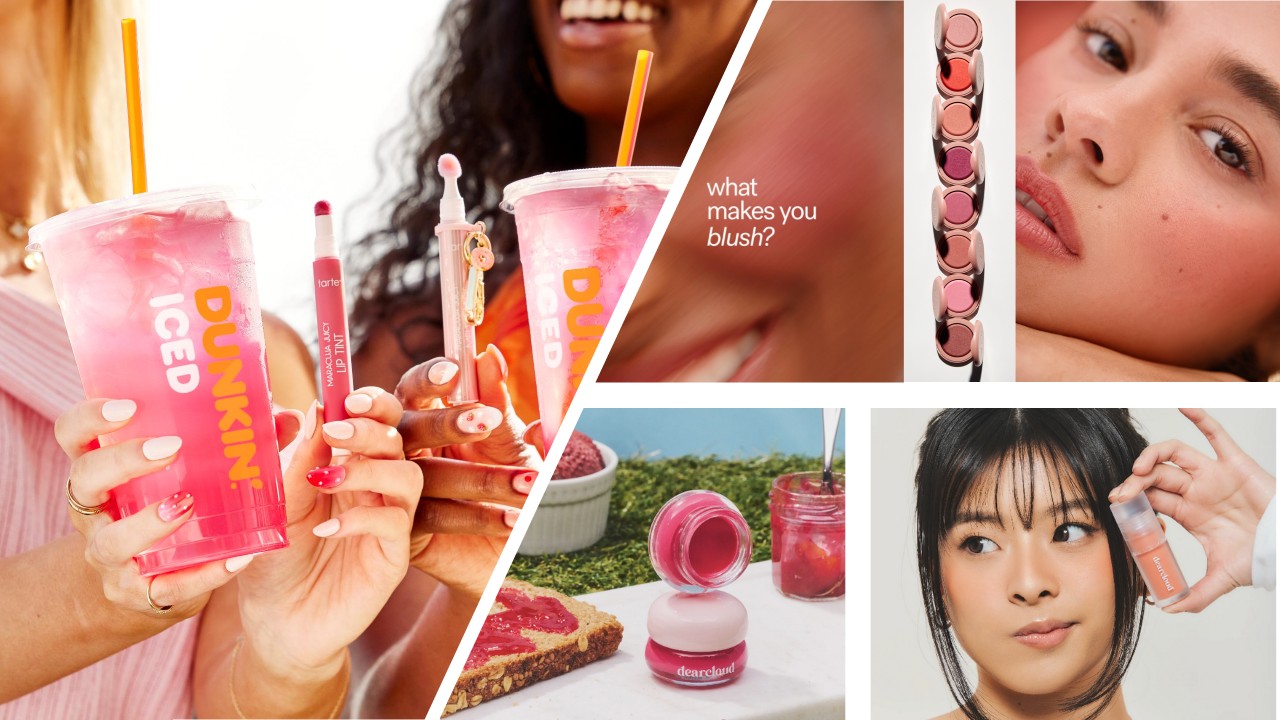 Dunkin' pink drinks and blush makeup products in a colorful lifestyle composition
