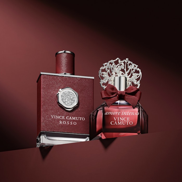 The new fragrance duo from Vince Camuto are bottled in complementary burgundy packages.