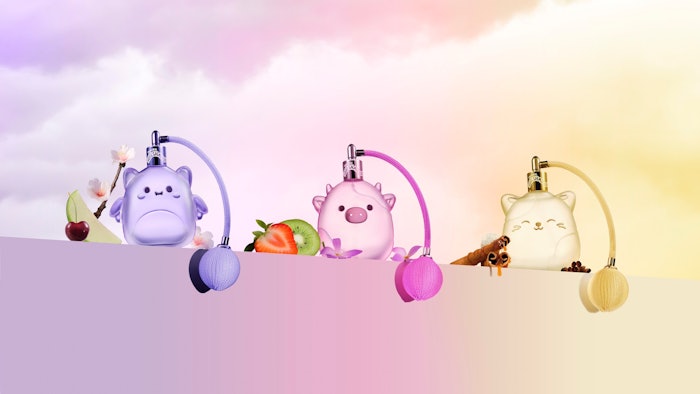 Each bottle features a collectable bulb atomizer for the tactile “squishability” of the brand’s toys.
