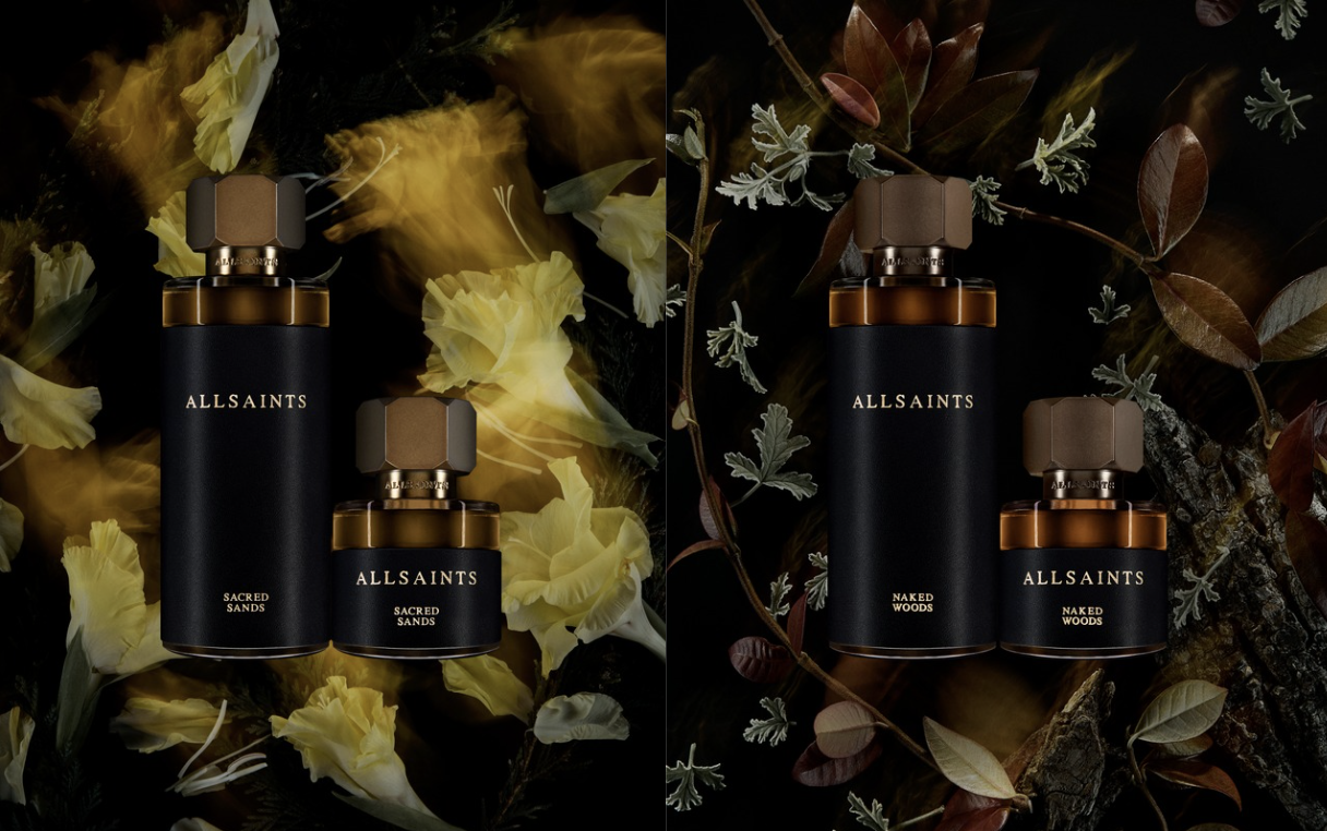 Both fragrances are housed in an ALLSAINTS EDP bottle design, which features a hexagon bolt-shaped cap and a leather sleeve.