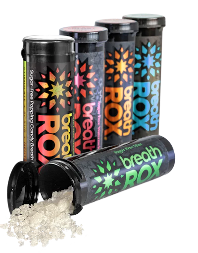 Functional candy brand breathROX offers sugar-free popping candy breath mints with zinc available in five flavors: Blue Raspberry, Chili Lime Mango, Cinnamon, Mint, and Watermelon; courtesy of breathROX.
