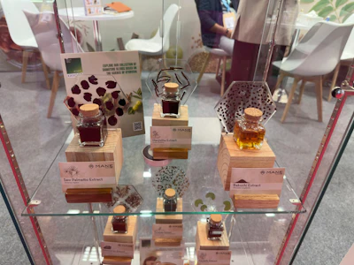MANE brand botanical extract display with burgundy and amber liquids in glass bottles on wooden bases