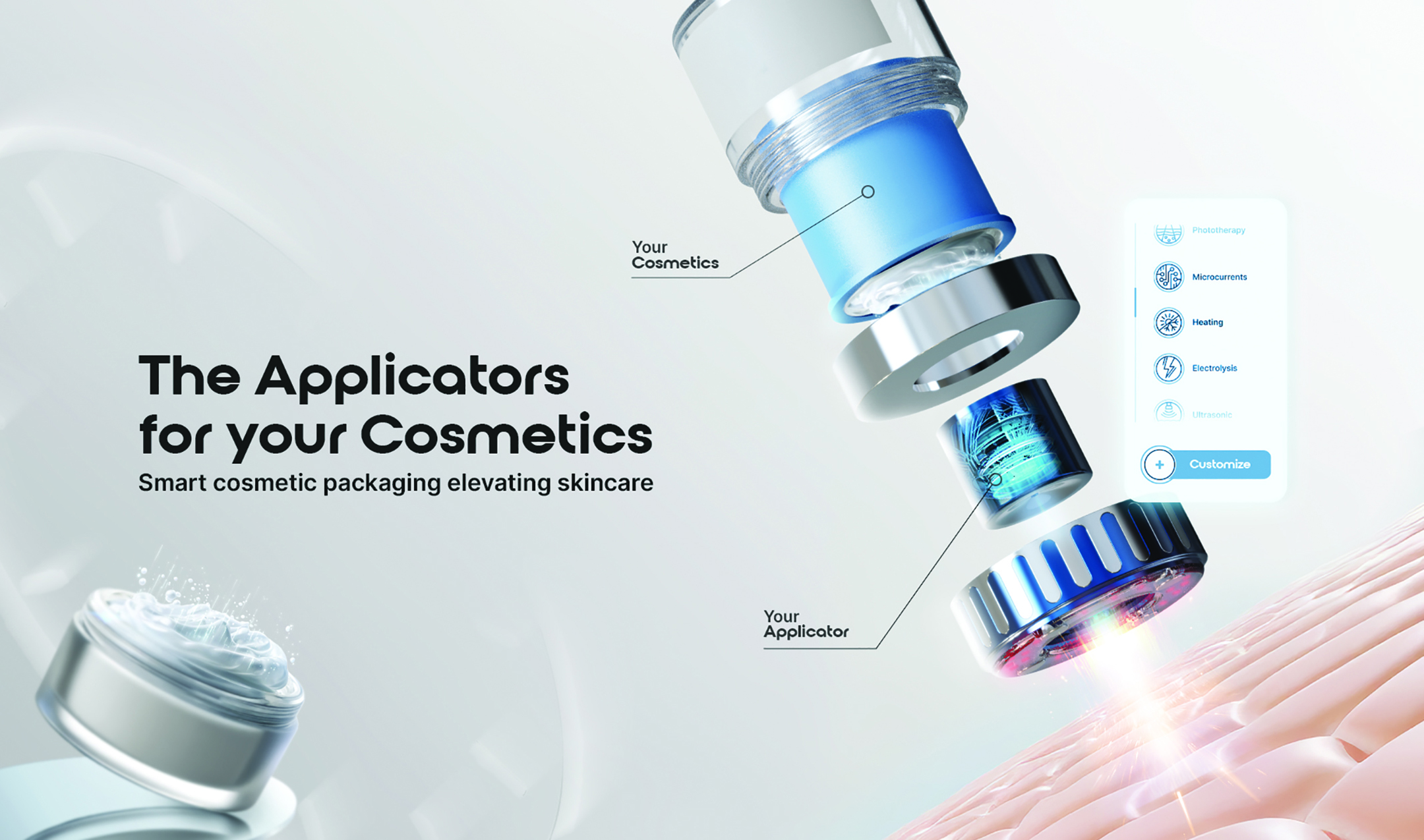 By embedding specific LED wavelengths directly into the applicator head, Nuon enables brands to activate biological responses (such as collagen stimulation via Red light or anti-bacterial action via Blue light) at the precise moment the formula is being spread.