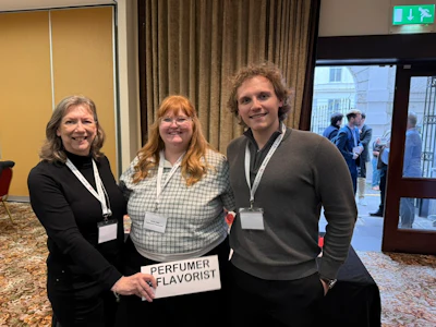 The Perfumer & Flavorist+ team on site at FlavourTalks 2026; from left: Jane Evison, Emily Little and Mitch Fox.