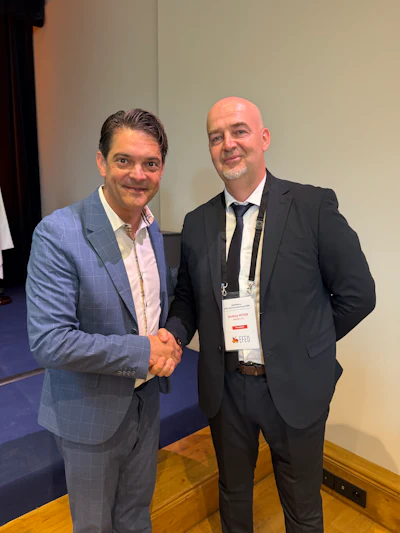 The conference was opened by the very supportive mayor of Grasse, Jerome Viaud, at left, pictured with Andrey Mitov, past president EFEO.