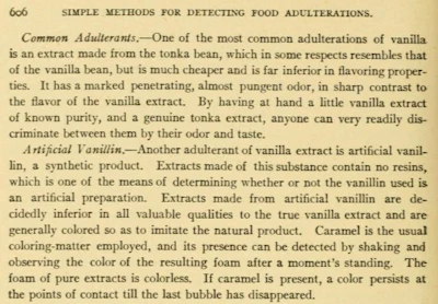 Historical text page on detecting food adulterations, discussing vanilla extract and tonka bean substitutes from a vintage publication.