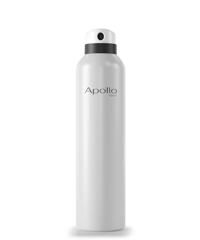 White spray bottle with Apollo Aptar branding and black pump dispenser