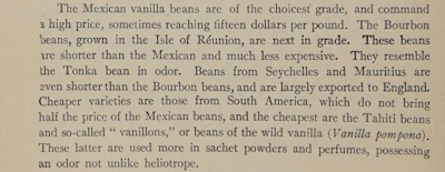 Vintage text page discussing Mexican vanilla beans, Bourbon beans, and other vanilla varieties with their grades and prices