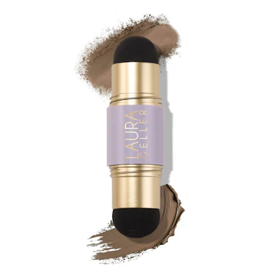 Laura Geller dual-ended makeup brush with foundation swatches in neutral brown tones