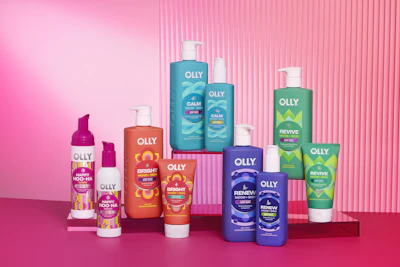OLLY hair care product collection displayed on pink platforms, featuring Calm, Bright, and Revive product lines