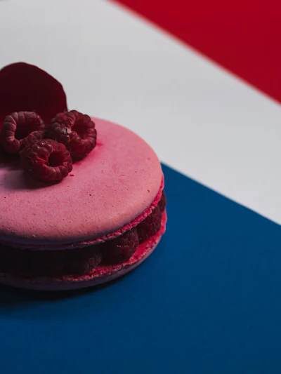 Pink macaron with dark raspberries on red, white, and blue geometric background