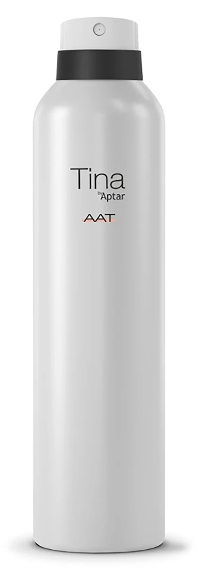 White aerosol spray bottle with black band and Tina by Aptar AAT branding