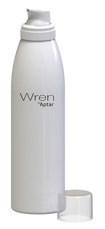 Wren by Aptar white spray bottle with pump dispenser and detachable cap