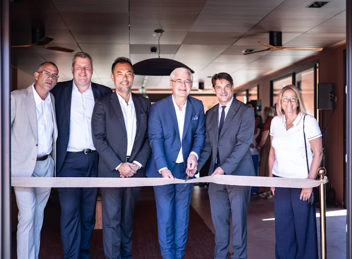 From left: Camille Quintin, supply chain director; Michael Friede, president Scent & Care; Ricardo Omori, president global fragrance; Dr. Jean-Yves Parisot, CEO; Jérôme Viaud, mayor of Grasse; and Sophie Villeval, vice mayor Grasse.