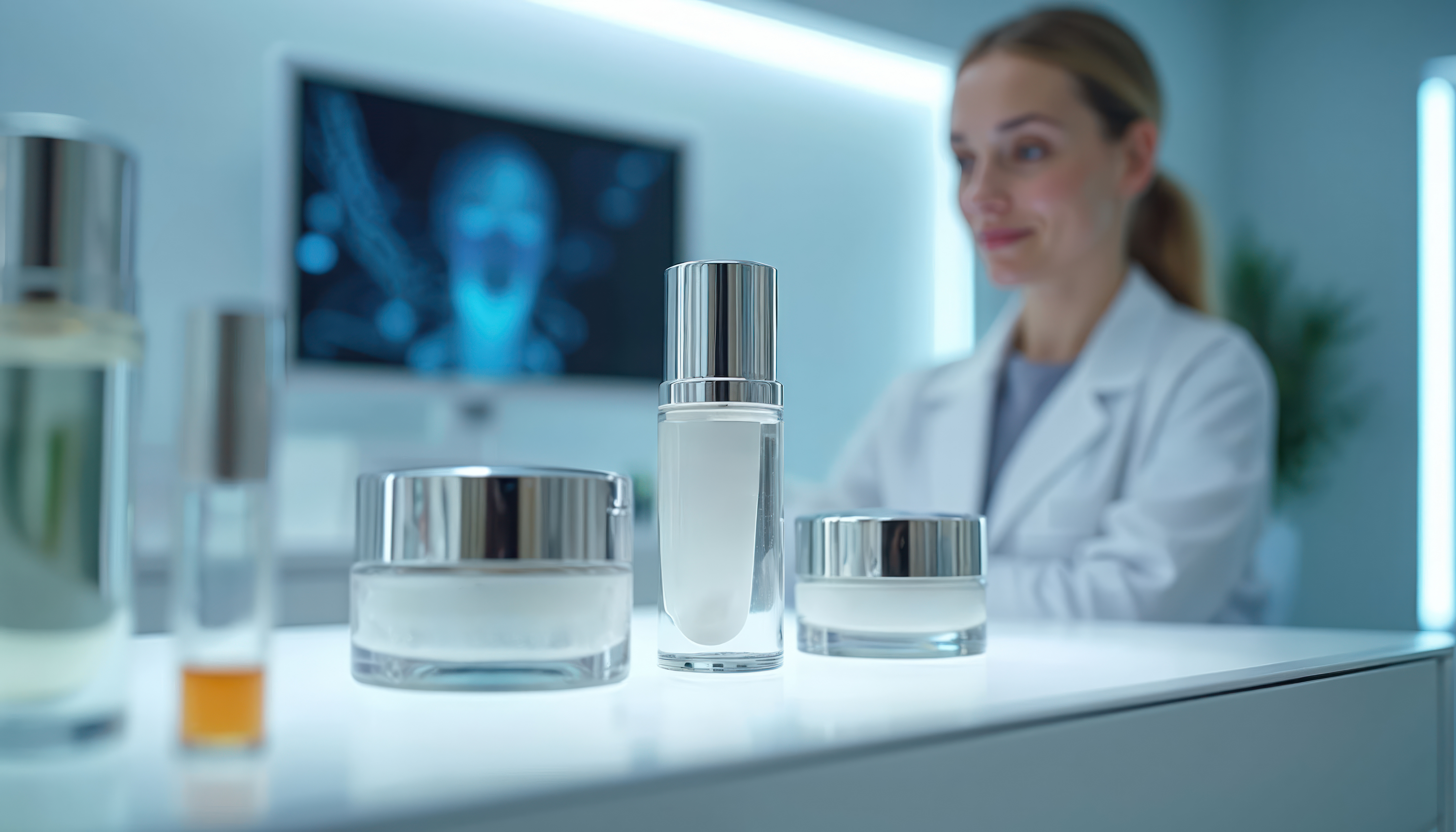 Skincare products with silver caps displayed in a professional laboratory setting with a scientist in background