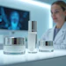 Skincare products with silver caps displayed in a professional laboratory setting with a scientist in background