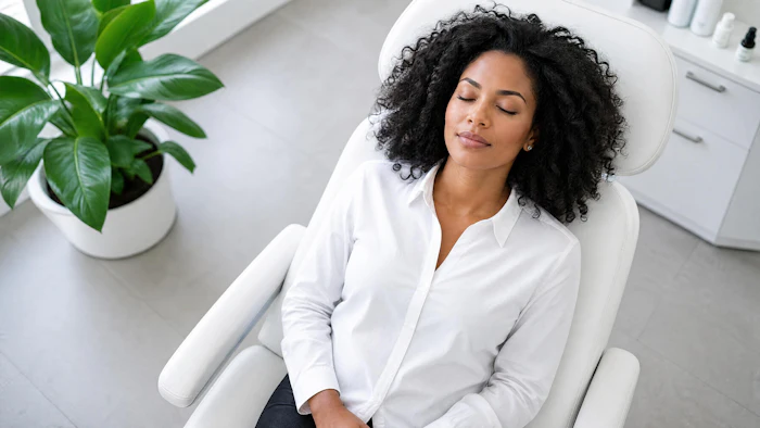 Woman with curly black hair sitting in white chair, wearing white button-up shirt in modern office with potted plant