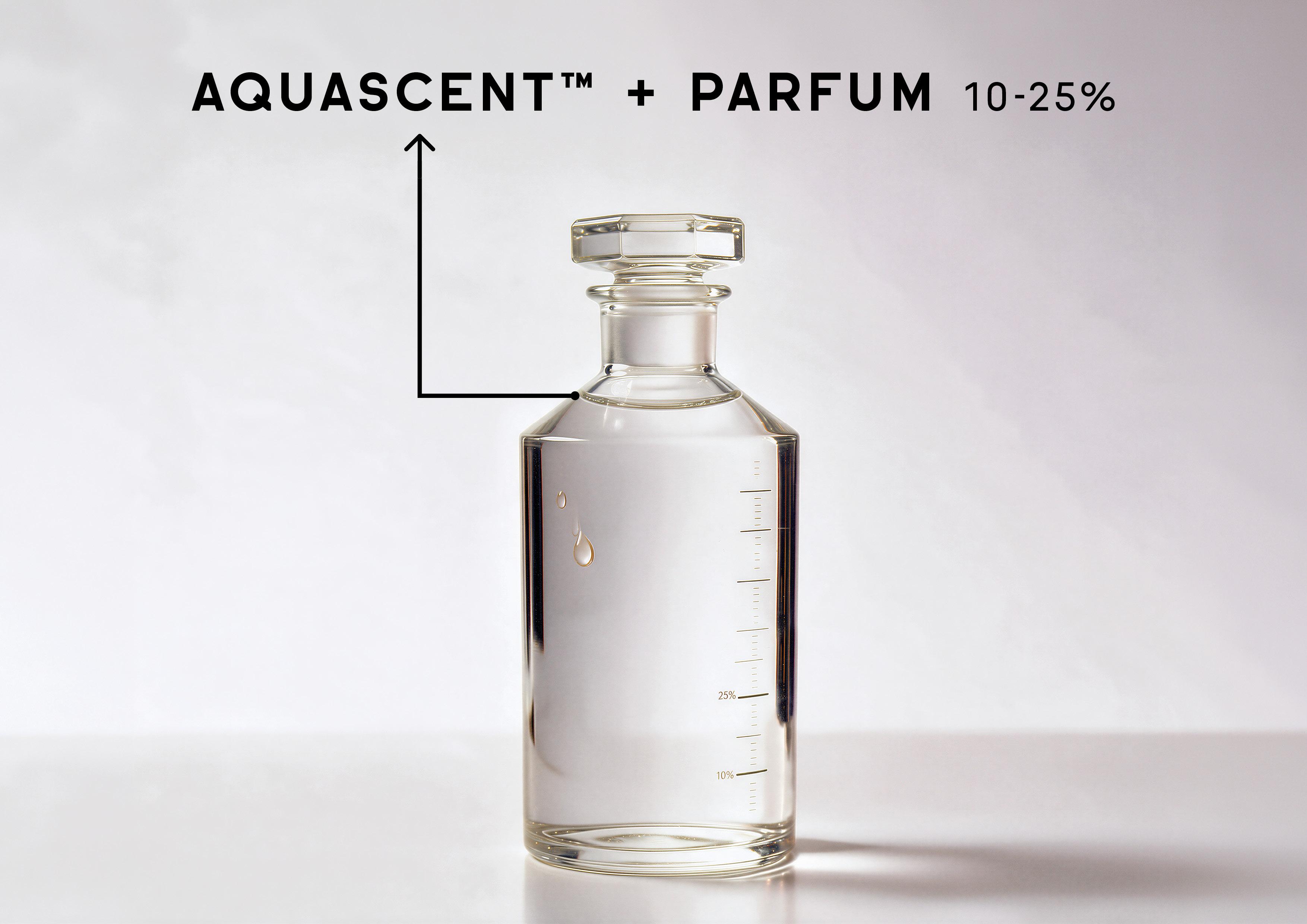 Clear glass perfume bottle labeled Aquascent with Parfum 10-25% concentration on white background