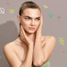 Woman with blonde hair touching her face, displaying skincare or beauty product advertisement with decorative icons