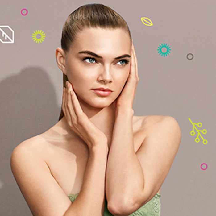 Woman with blonde hair touching her face, displaying skincare or beauty product advertisement with decorative icons