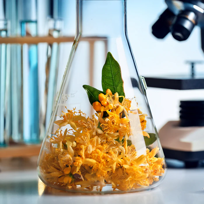 Yellow flowers with green leaves in a glass beaker in a laboratory setting with scientific equipment