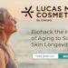 Mature woman in profile against ocean backdrop with Lucas Meyer Cosmetics logo and webcast registration for anti-aging skincare
