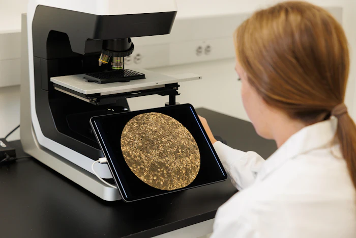 Scientist viewing microplate reader displaying golden crystalline sample analysis on monitor